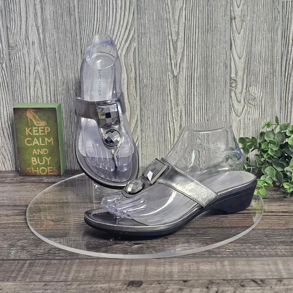 Marc Fisher Silver Embellished Thong Wedge Sandals Women‎ Size 9M